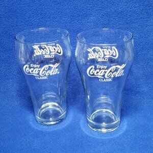 Coca-Cola Classic 20 oz Clear Bell Soda Glasses Set of 2 White Logo Collectible